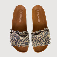 Load image into Gallery viewer, Pair of leopard print sandals with brown soles on a light gray background
