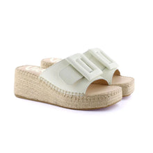 Load image into Gallery viewer, White leather slide sandal with woven sole on a white background
