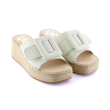 Load image into Gallery viewer, Pair of white leather espadrille sandals with buckles on a white background
