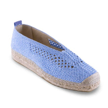 Load image into Gallery viewer, Blue espadrille flat shoe with jute sole on a white background
