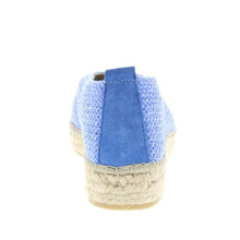 Load image into Gallery viewer, Blue espadrille sandal with textured upper and woven sole on a white background

